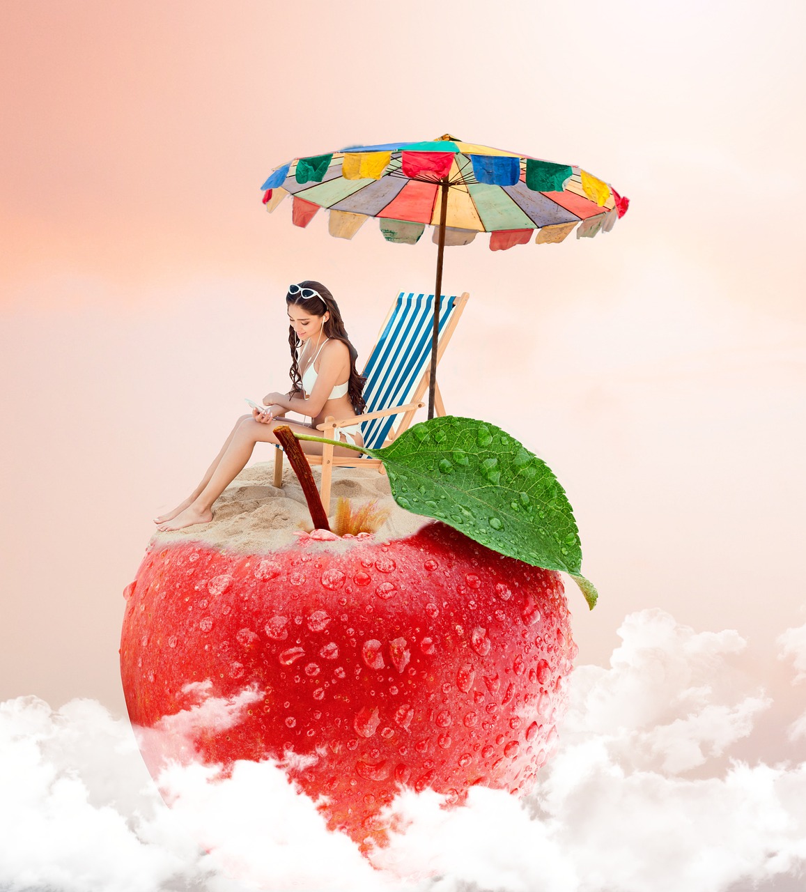 woman on apple, apple, summer, beach, read, deck chair, clouds, composition, heaven, template, website, facebook, instagram, ebook cover, nature, romance novel, humor